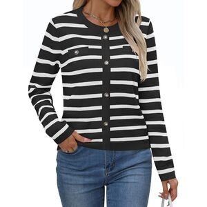 NWT Zesica Black White Striped Crew Gold Button Old Money Knit Sweater Top M
